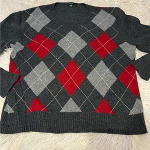J. Crew XL 100% lambswool argyle v-neck sweater gray and red men’s pullover